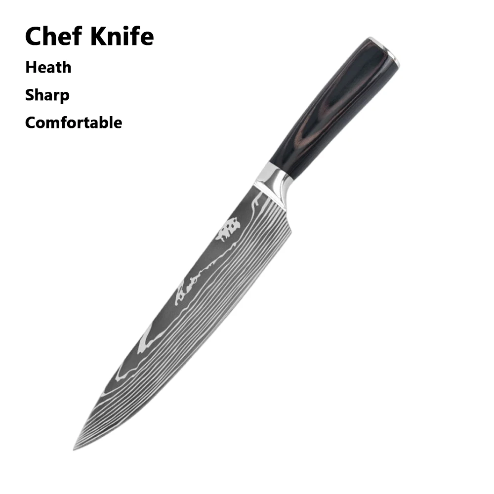 Chef knife 1-10 Pcs Set Kitchen Knives Laser Damascus Pattern Sharp Japanese Santoku Knife Cleaver Slicing Utility Knife