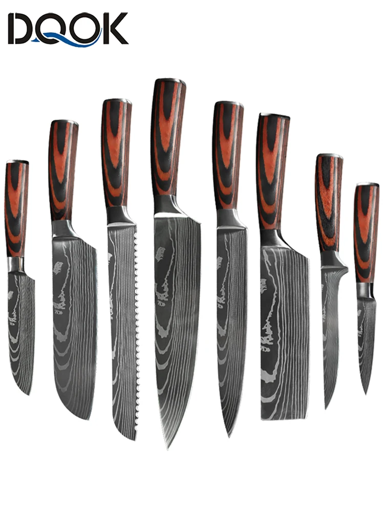 Chef knife 1-10 Pcs Set Kitchen Knives Laser Damascus Pattern Sharp Japanese Santoku Knife Cleaver Slicing Utility Knife