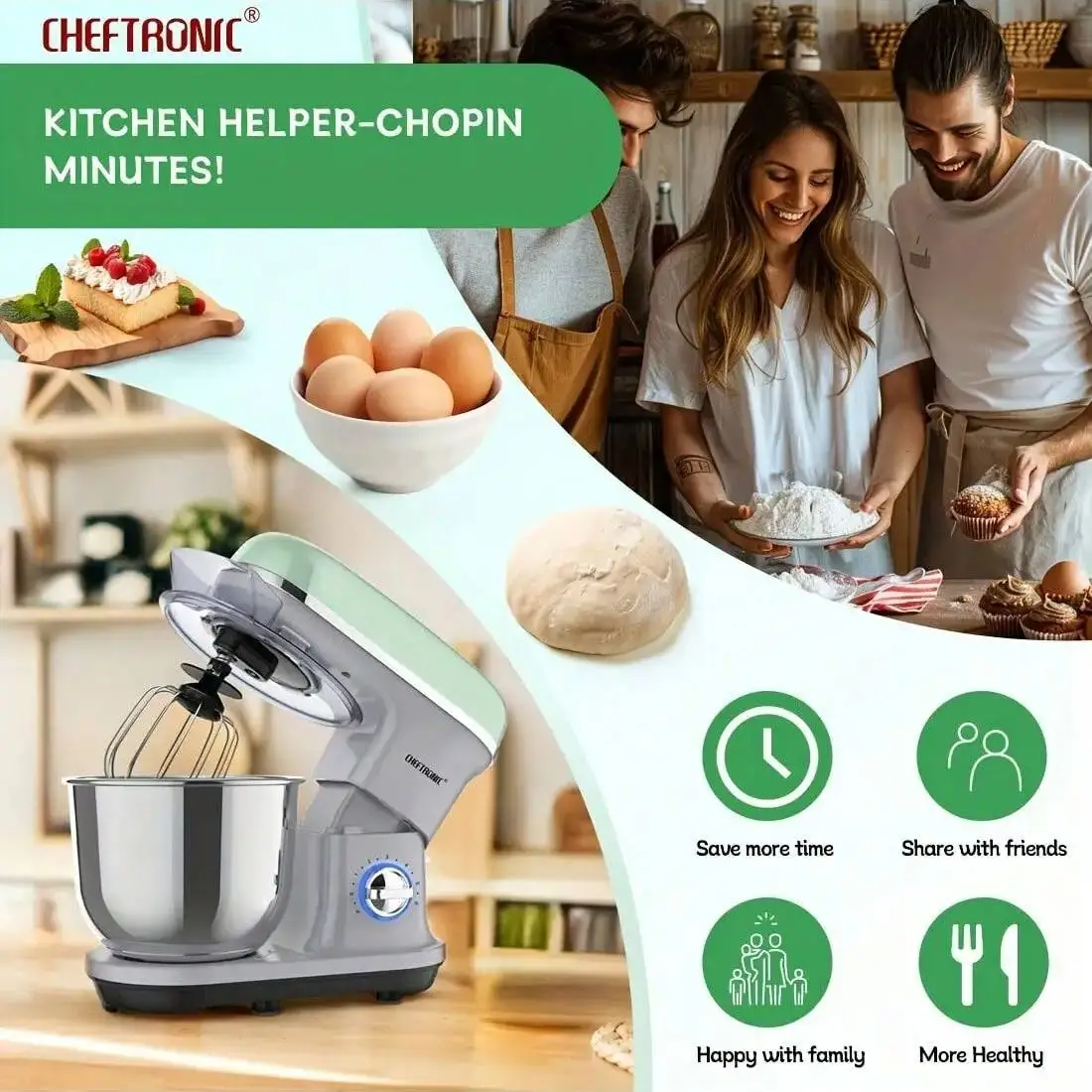 1pc CHEFTRONIC Stand Mixer, 5.2L Tilt-Head Electric Household food processors - 1500W 6+P Speed, home appliance, EC Plug