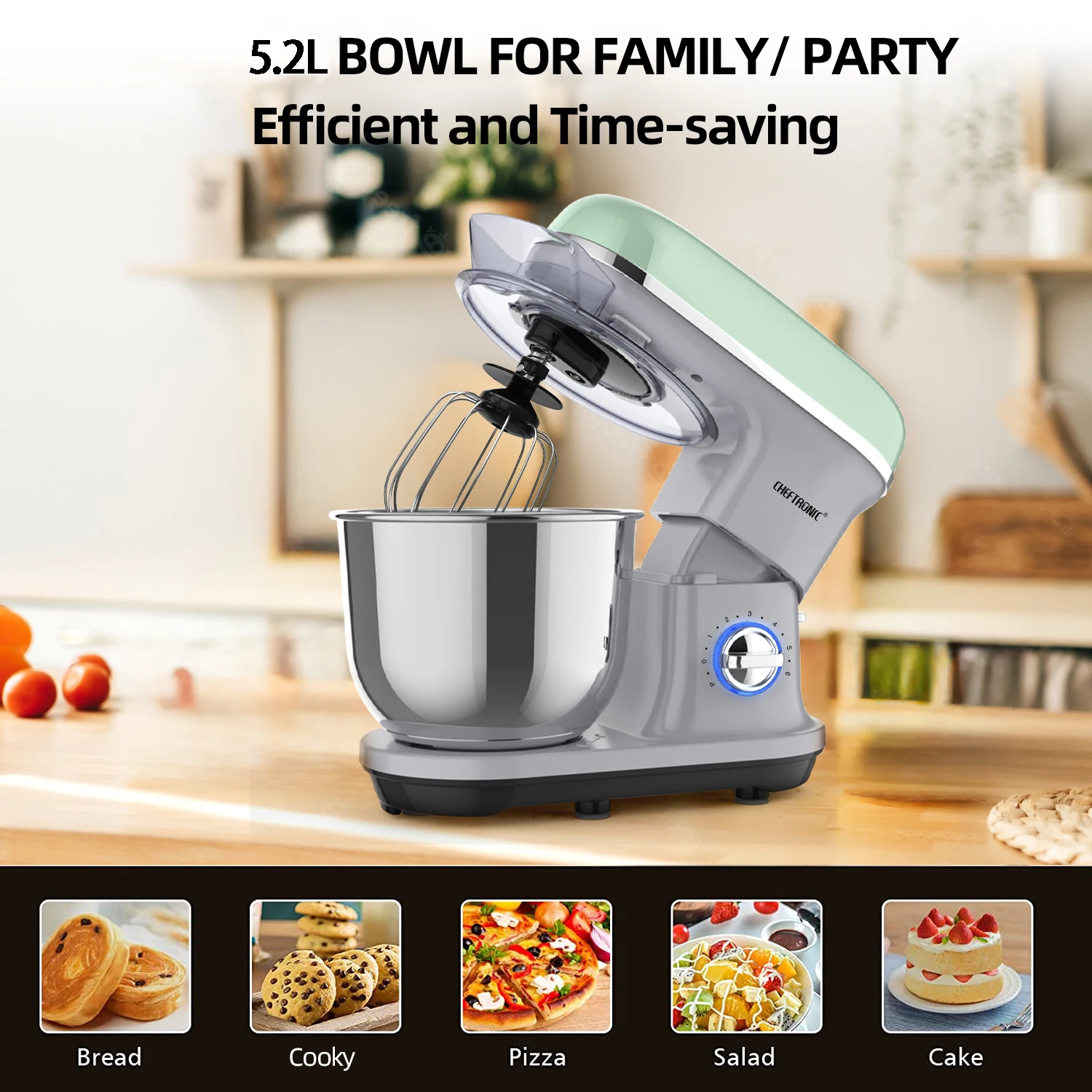 1pc CHEFTRONIC Stand Mixer, 5.2L Tilt-Head Electric Household food processors - 1500W 6+P Speed, home appliance, EC Plug