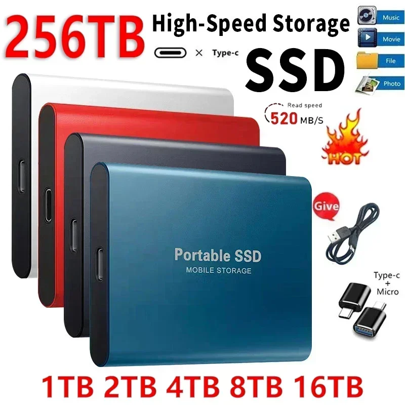 High-speed SSD 1TB External Hard Drive Portable 2TB Mobile Solid State Drive 256TB Mass External Hard Disk for Laptop/MAC/PC