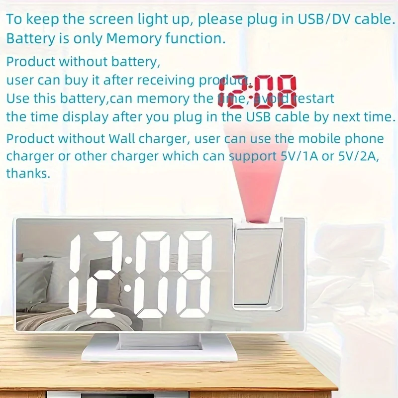 Projection alarm clock  multifunction Intelligent luminous clock Bedroom large screen digital clock 180℃ back and celling projec