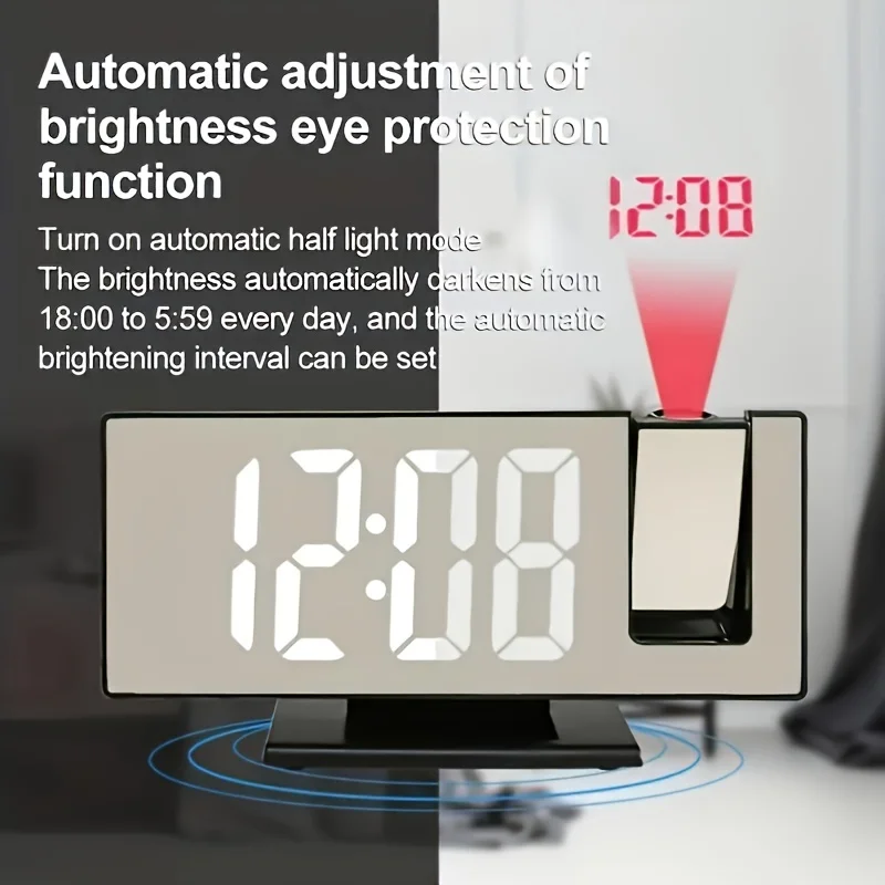 Projection alarm clock  multifunction Intelligent luminous clock Bedroom large screen digital clock 180℃ back and celling projec