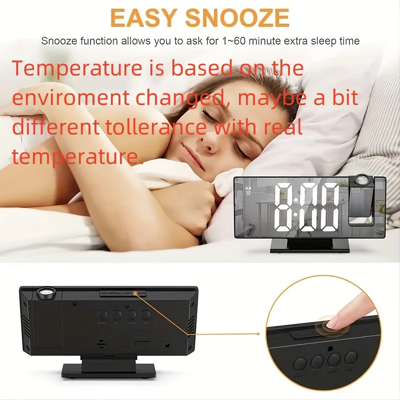 Projection alarm clock  multifunction Intelligent luminous clock Bedroom large screen digital clock 180℃ back and celling projec