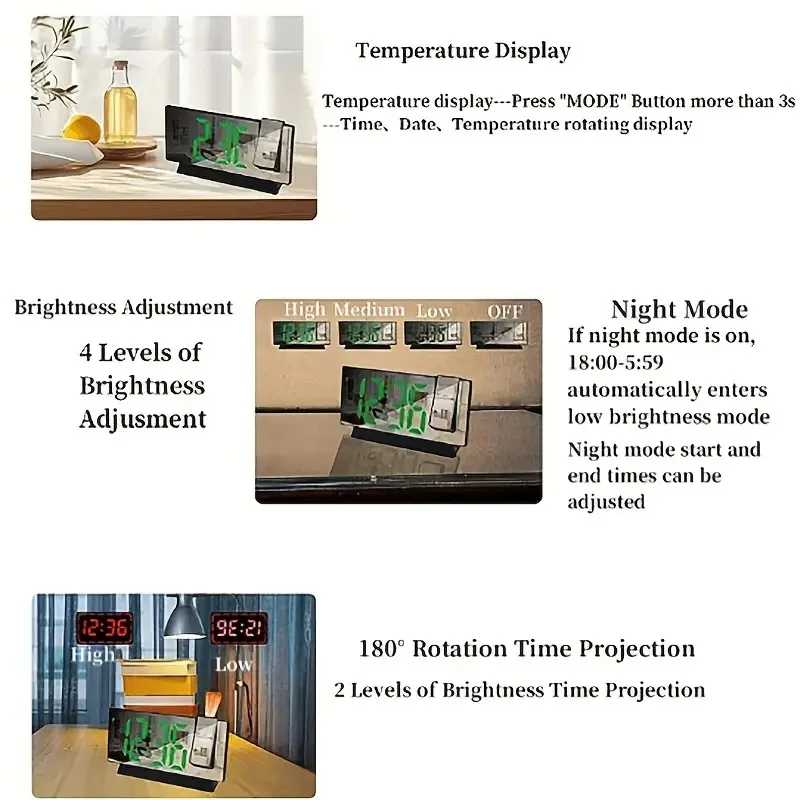 Projection alarm clock  multifunction Intelligent luminous clock Bedroom large screen digital clock 180℃ back and celling projec