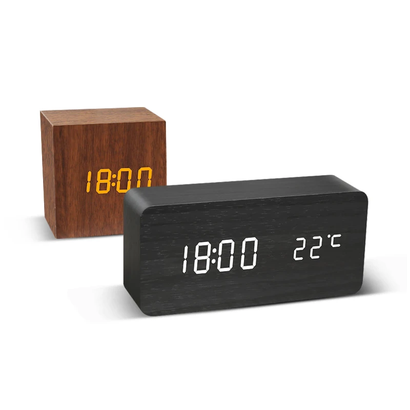 Alarm Clock LED Wooden Watch Table Voice Control Digital Wood Despertador USB/AAA Powered Electronic Desktop Clocks