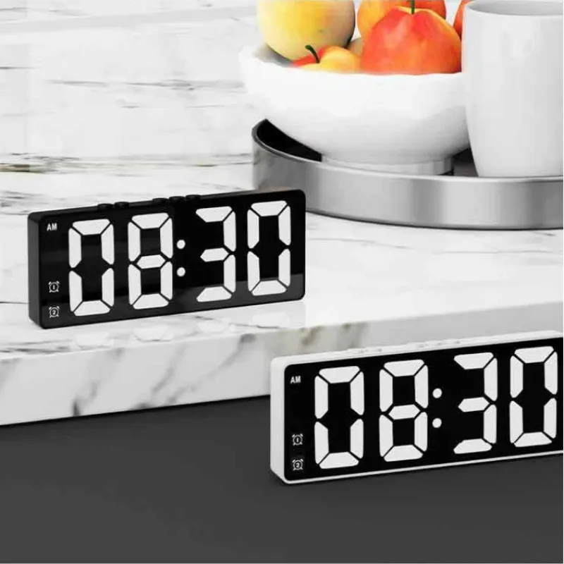 LED Alarm Clock Electronic Student Digital Clock Voice Control Dual Snooze 12/24H Dual Alarms Temperature Mute Table Clock