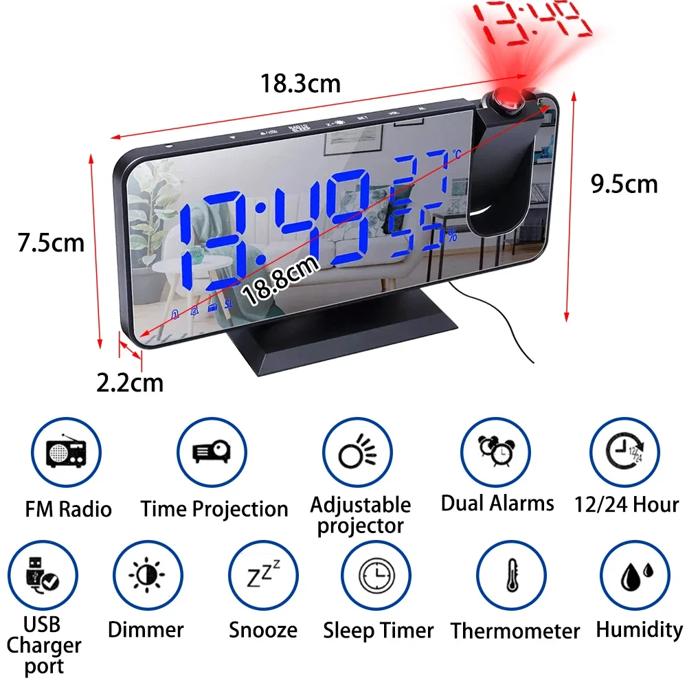 LED Digital Projection Alarm Clocks USB Electronic Ceiling Projector Alarm Clock with FM Radio for Bedroom Bedside Desktop Clock