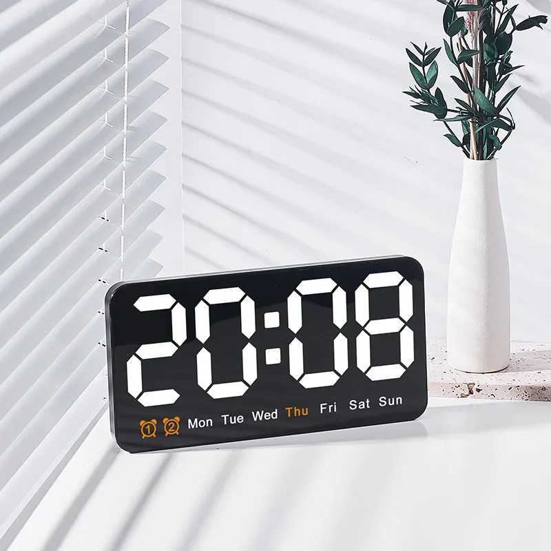 Voice Control Large Digital Wall Clock Temperature Date Week DST Snooze Table Clock 12/24H Dual Alarm Wall-mounted LED Clock