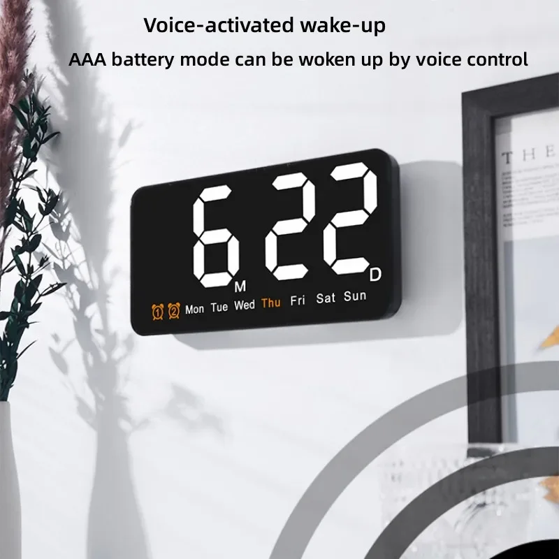 Voice Control Large Digital Wall Clock Temperature Date Week DST Snooze Table Clock 12/24H Dual Alarm Wall-mounted LED Clock